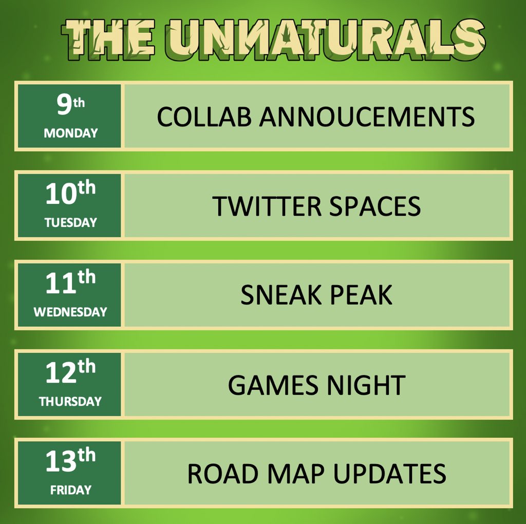 Upcoming week at the Unnaturals! 

Make sure you join our #discord ! 

We have some exciting collabs in the pipeline, and our very first twitter spaces!