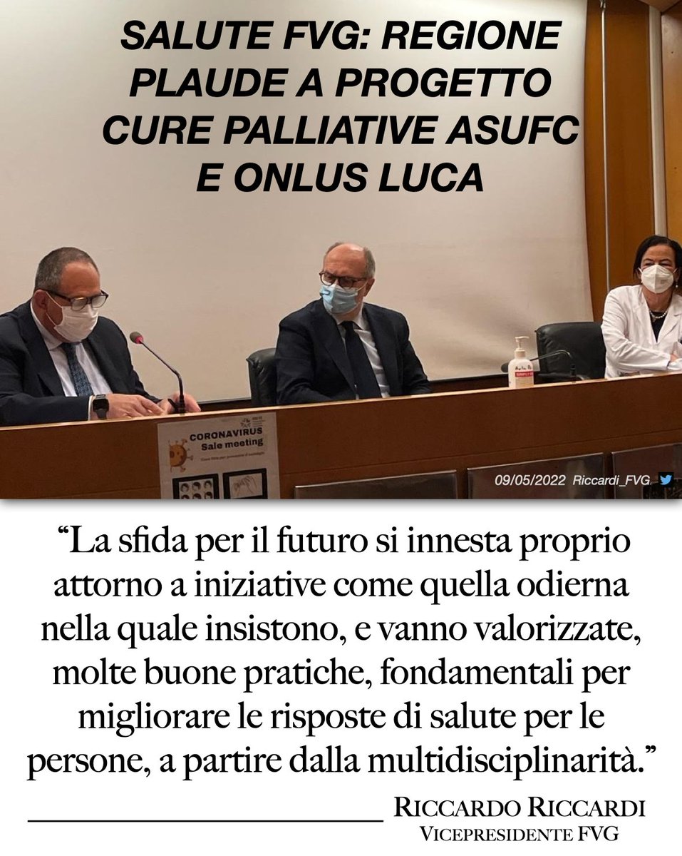Riccardi_FVG's tweet photo. 🔵#SALUTE #FVG / REGIONE PLAUDE A PROGETTO CURE PALLIATIVE #ASFUC E ONLUS LUCA ⤵️
🔺La sfida per il futuro si innesta proprio attorno a iniziative come quella odierna nella quale insistono, e vanno valorizzate, molte buone pratiche, fondamentali per migliorare le risposte (1/3) https://t.co/BFTr5IPWCY