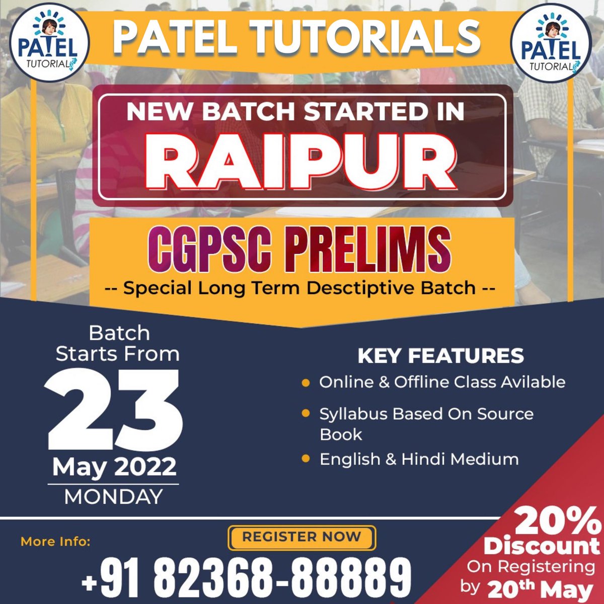 tutorials_patel's tweet photo. GGPSC PRELIMS
Special Long Term Desctiptive Batch
.
Batch Starts From 23rd May 2022 Monday
Help Line No. - 8236888889 Call & WhatsApp
Morning - 7am
.
#adeo #cgadeo #cgpscvacancy
#cgpscpre #cgpsc #cgpscmains #vyapam #patwari #prelims #raipur #bilaspur #cg #chhattisgarh https://t.co/7lFqxjX4qu