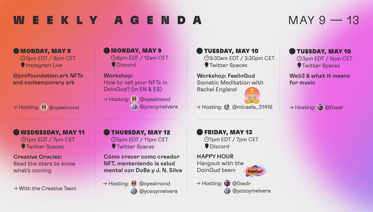 DoinGudHQ's tweet photo. Good Morning ☀️Happy Monday ✨
Here is our Weekly Event Calendar for you to interact and connect with the DoinGud community 🗓
Lets #StartDoinGud 😇 https://t.co/s0z5rzU4Km