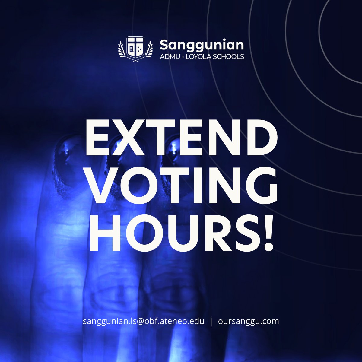 admusanggu's tweet photo. Attention, Ateneans!

With the recent reports of broken vote-counting machines, election-related violence, and other forms of voter suppression, we invite all of you to join #OurSanggu as we call on the Philippine COMELEC to extend the voting hours. https://t.co/lQSbiPsDGQ