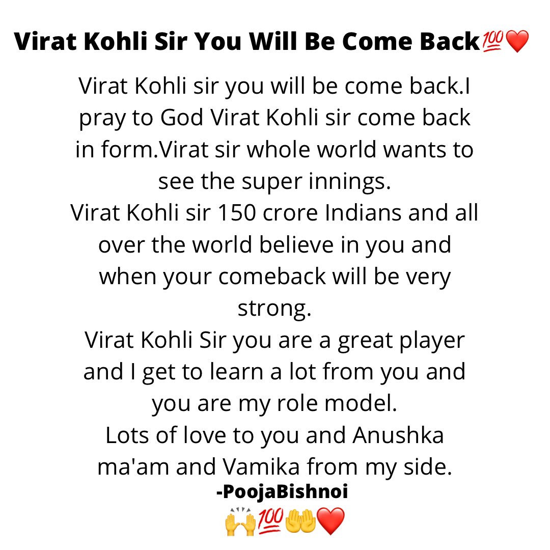 poojabishnoi36's tweet photo. Virat Kohli Sir You Will Be Come Back. You are my role model
@imVkohli 
#ViratKohli𓃵 https://t.co/e07XKBsvGu