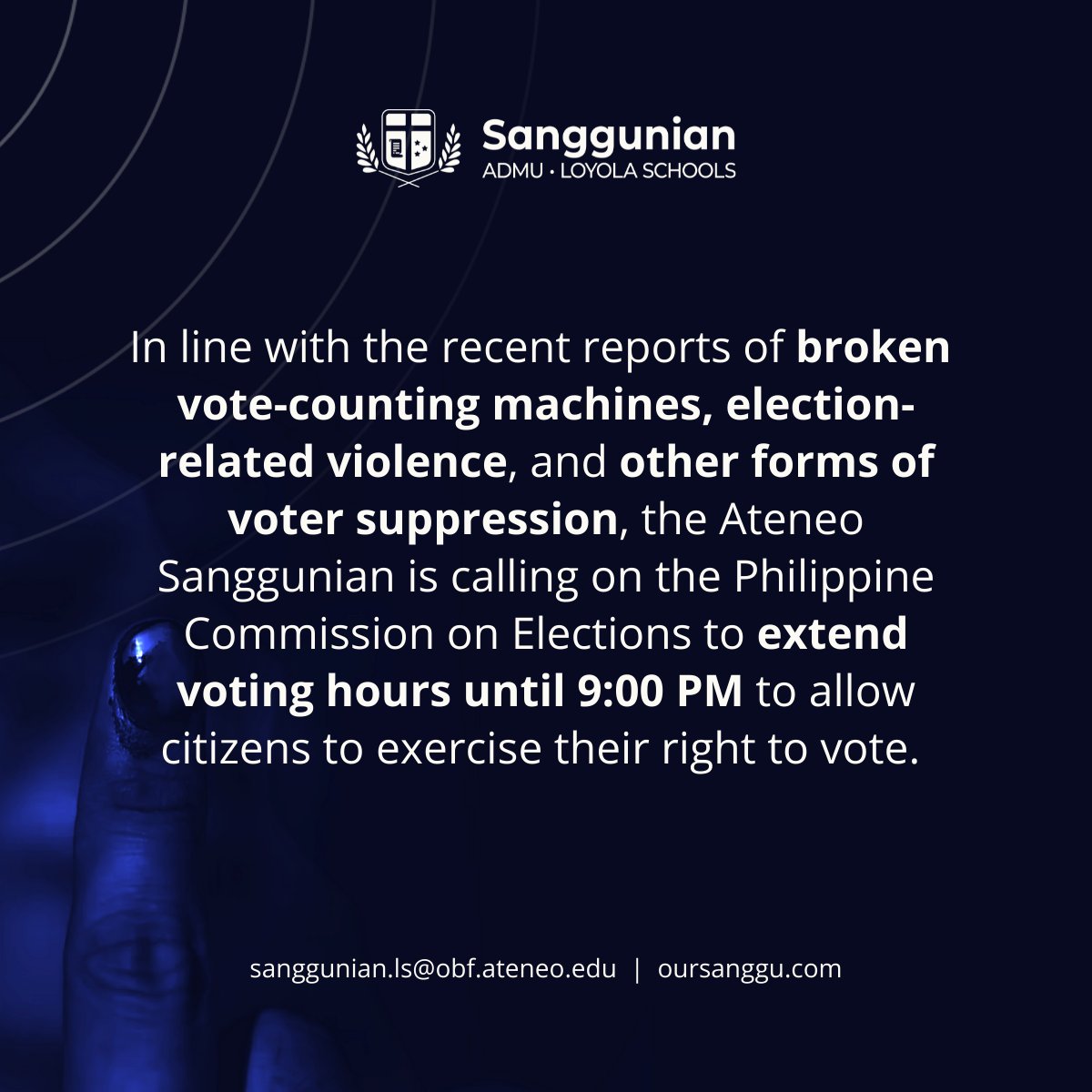 admusanggu's tweet photo. Attention, Ateneans!

With the recent reports of broken vote-counting machines, election-related violence, and other forms of voter suppression, we invite all of you to join #OurSanggu as we call on the Philippine COMELEC to extend the voting hours. https://t.co/lQSbiPsDGQ