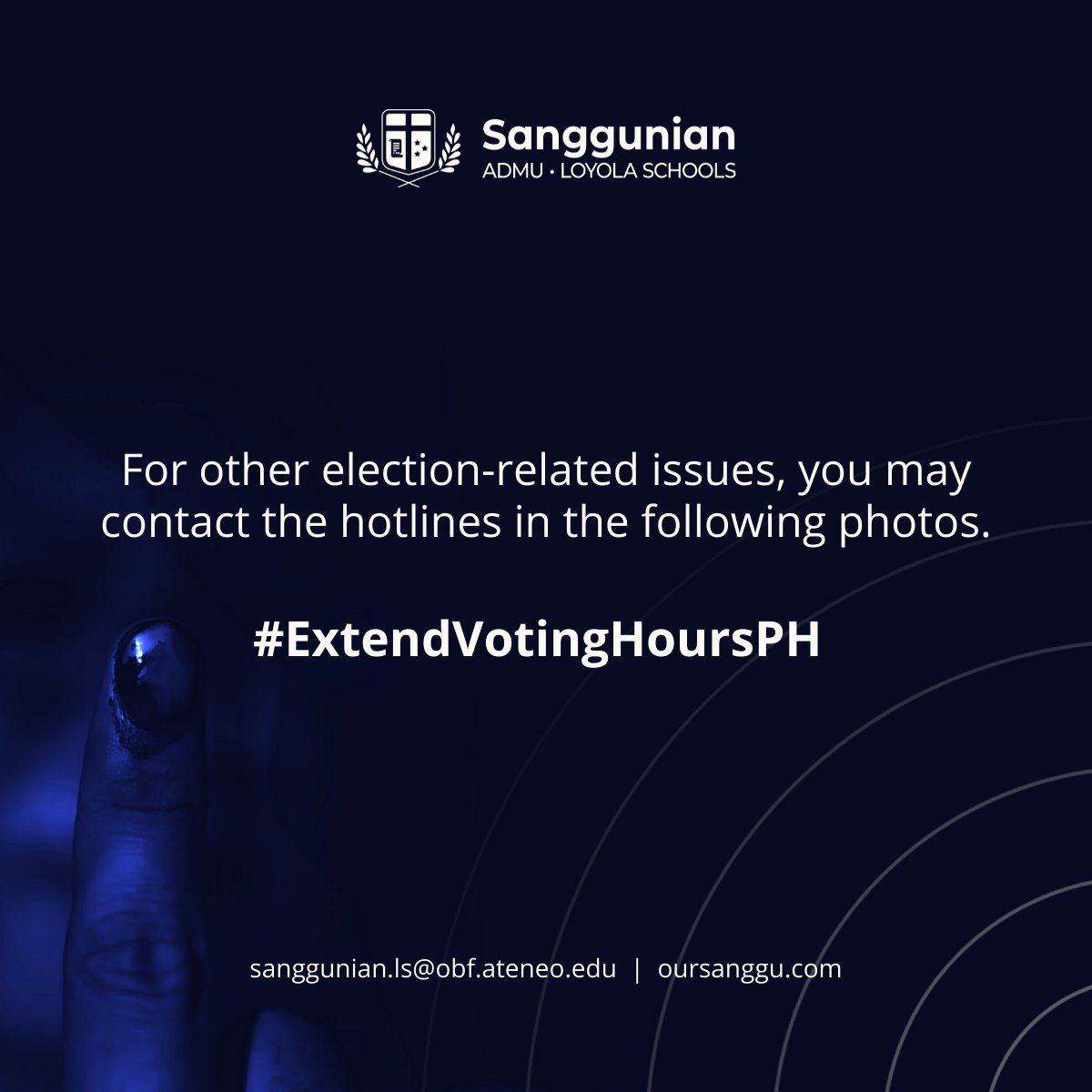 admusanggu's tweet photo. Attention, Ateneans!

With the recent reports of broken vote-counting machines, election-related violence, and other forms of voter suppression, we invite all of you to join #OurSanggu as we call on the Philippine COMELEC to extend the voting hours. https://t.co/lQSbiPsDGQ