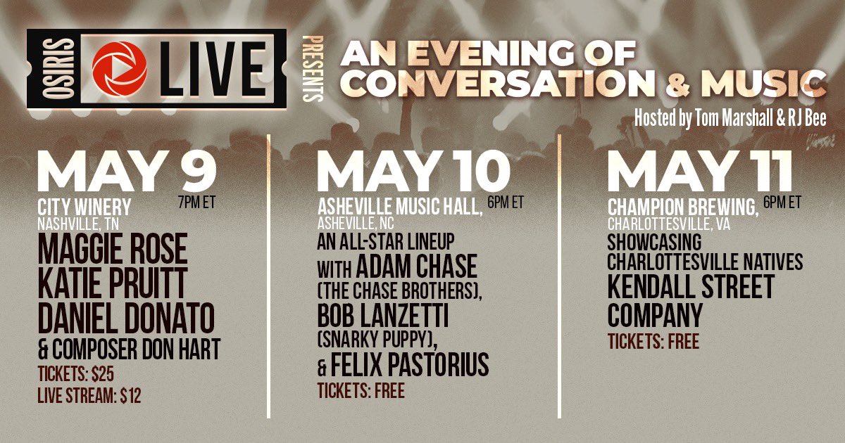 osirispod's tweet photo. The #OsirisLive tour kicks off tonight in Nashville with conversations &amp; performances from @IAmMaggieRose @KPmusik &amp; @danieljdonato, hosted by @TomMarshall111 &amp; @RJBee_2!

Tonight’s event is SOLD OUT, buy the webcast here: https://t.co/IbwoQmsjpf

Asheville/Charlottesville: FREE https://t.co/YkOoN9qt6h