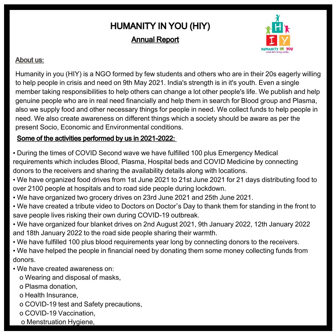 HumanityYou's tweet photo. Happy one year with everyone. This is the Annual report of team HIY till date. It all started with a thought and here we are today. Thank you for all the support that everyone shown till date. We are grateful. And lets do many more great things in near future. https://t.co/VeKCVoYGU4