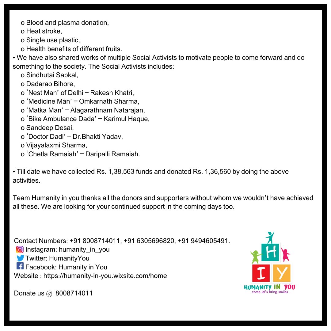 HumanityYou's tweet photo. Happy one year with everyone. This is the Annual report of team HIY till date. It all started with a thought and here we are today. Thank you for all the support that everyone shown till date. We are grateful. And lets do many more great things in near future. https://t.co/VeKCVoYGU4