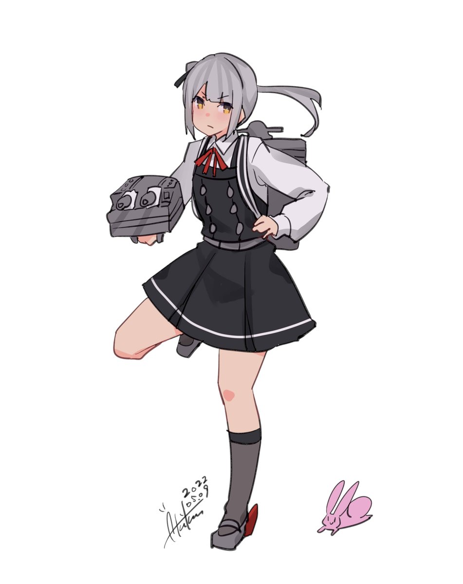 kasumi (kancolle) ,kasumi kai ni (kancolle) 1girl side ponytail grey hair dress long hair ribbon pinafore dress  illustration images