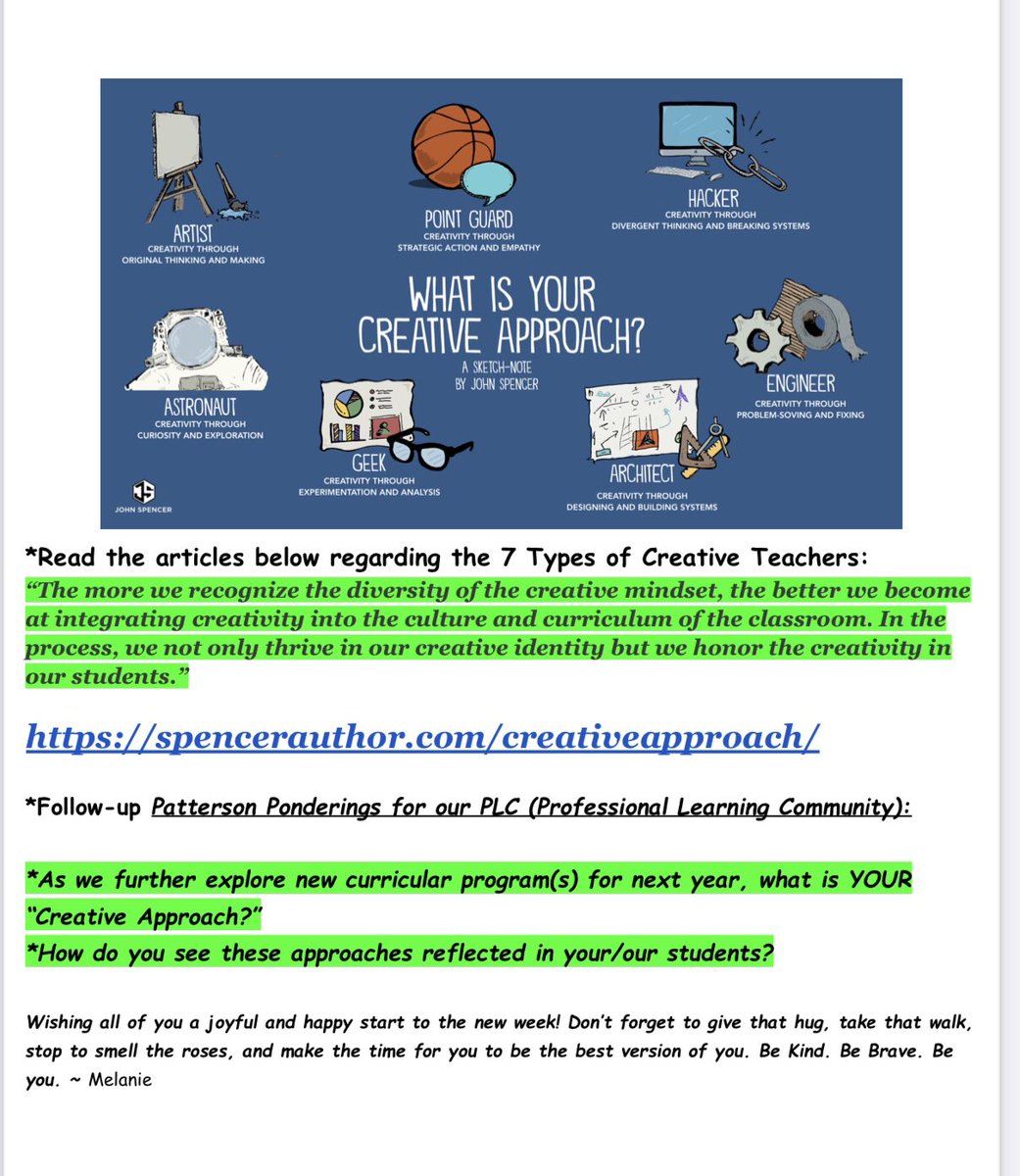 melpatterson803's tweet photo. Looking forward to another #gatorgreat week! Whatโs your โcreative approach?โ @spencerideas #practicalPD #PattersonPonderings https://t.co/HVipcL8z7s