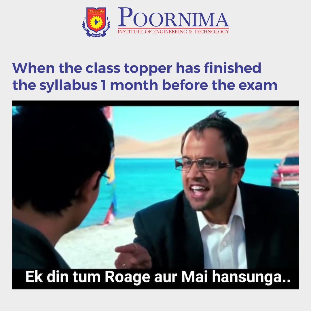 PIET_Jaipur's tweet photo. Who is Chatur in your class?
Tag him/her 
.
.
.
.
.
#poornimainstituteofengineeringandtechnology #jaipur #3idiots #tagyourfriends #classtopper #classmates #collegemate https://t.co/lvrmwOI8cd