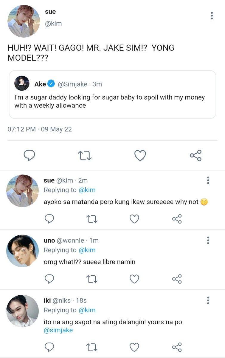 sunjakelove's tweet photo. #sunjake mini au 'sugar daddy' wherein

Sunoo loses in a bet, so as his punishment he has to post..
"looking for sugar daddy." https://t.co/yYVltbGBqR