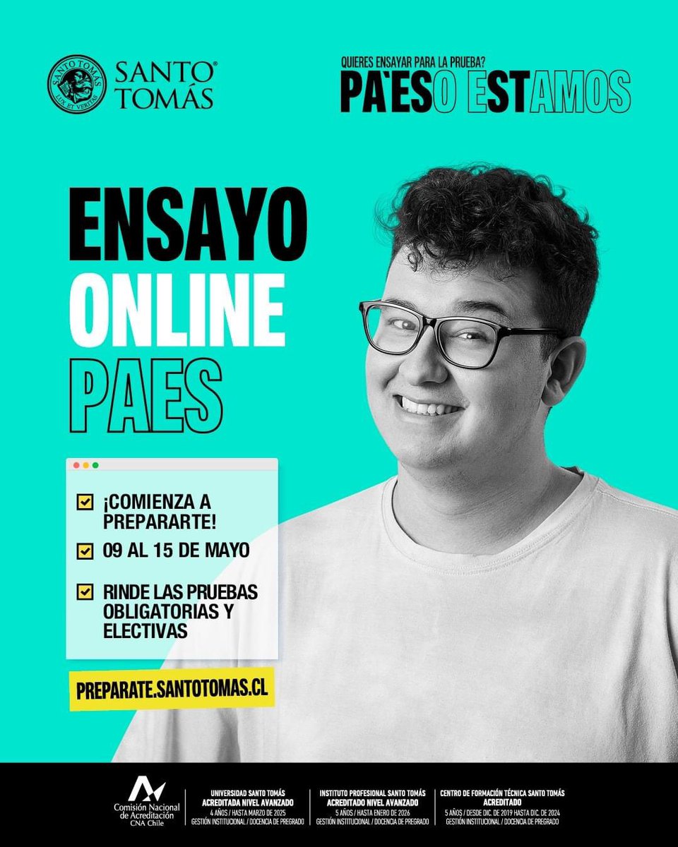admision_UST's tweet photo. ¡Prepárate con tiempo para la PAES 2022!
Te invitamos a poner a prueba tus conocimientos con nuestro Ensayo Online que se realizará del 09 al 15 de mayo, en el cual podrás realizar las pruebas obligatorias de Comp.Lectora y Comp.Matemática, además de las pruebas electivas https://t.co/Diq0nt79bF