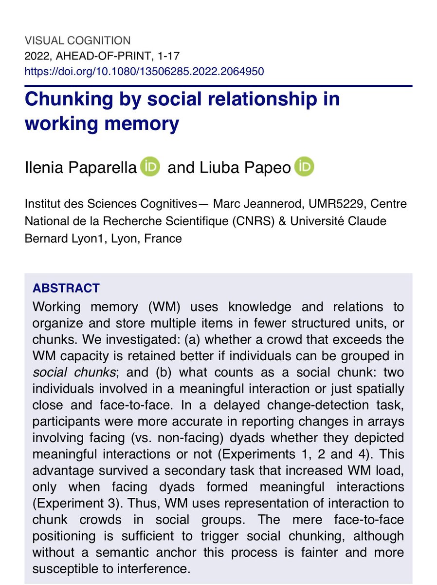 ljuba_pi's tweet photo. Out today in @VisualCognition
“CHUNKING by SOCIAL RELATIONSHIP in WORKING MEMORY”
by the great @IleniaPaparella 
@ISC_MJ @CNRS @LabexCortex @UnivLyon1 
 https://t.co/wOHRr3KvsE https://t.co/VOC1BMuo5S