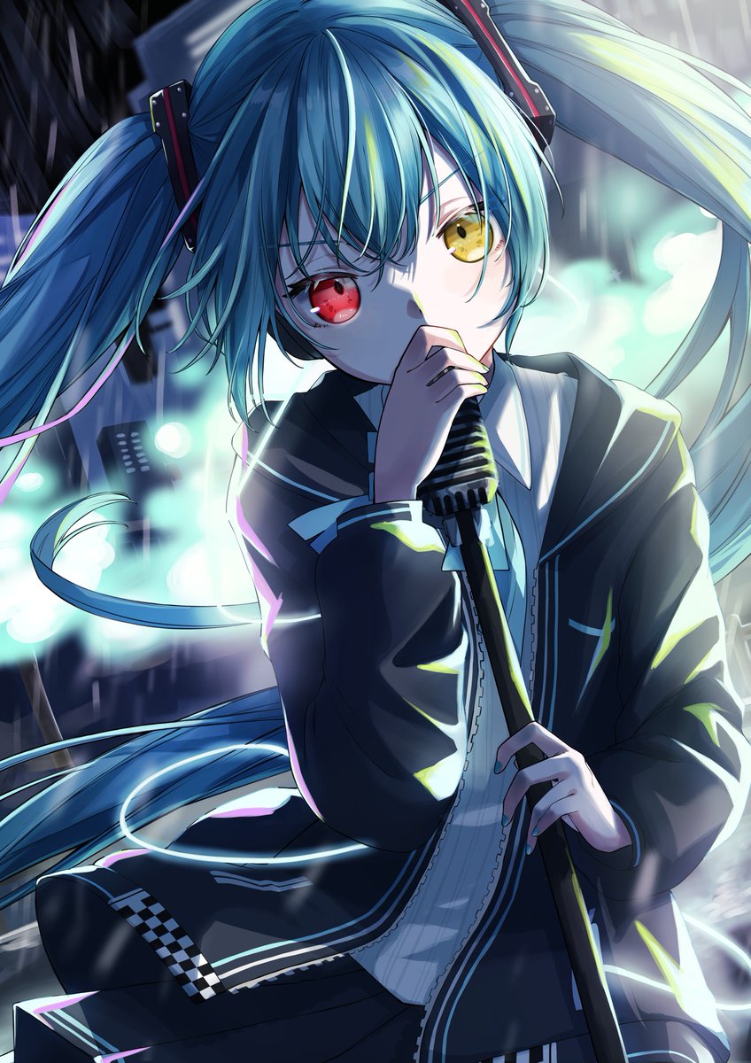 hatsune miku 1girl solo long hair twintails skirt holding microphone  illustration images