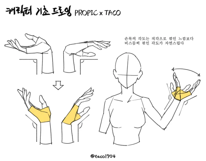 손목의 각도는 직각으로 꺾인 느낌보다 비스듬히 꺾인 각도가 힘을 뺀 상태로 자연스럽다 