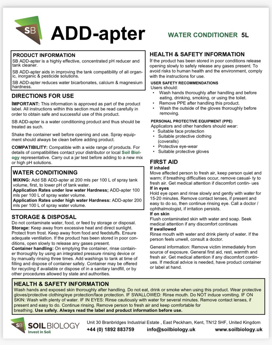 SoilBiologyLtd's tweet photo. ⭐️SB ADD-apter⭐️ is an effective pH corrector and regulator that buffers tap-water to improve compatibility and efficiency of spray water. SB ADD-apter neutralises specific cations, leaving the active ingredients completely free and ready to perform. #sprayefficiency https://t.co/mm7e3pslci