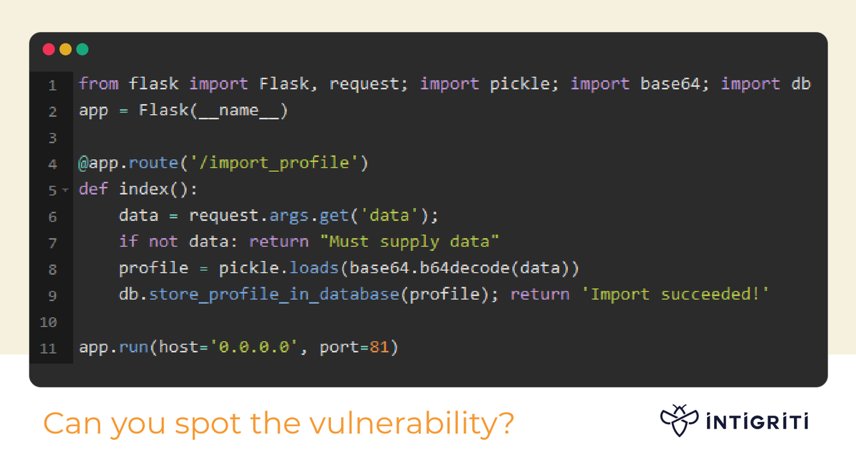 intigriti's tweet photo. Can you spot the vulnerability? 🤷‍♂️

We'll give out a €25 swag voucher to the most comprehensive answer! 👕 https://t.co/R6mSqSraGq