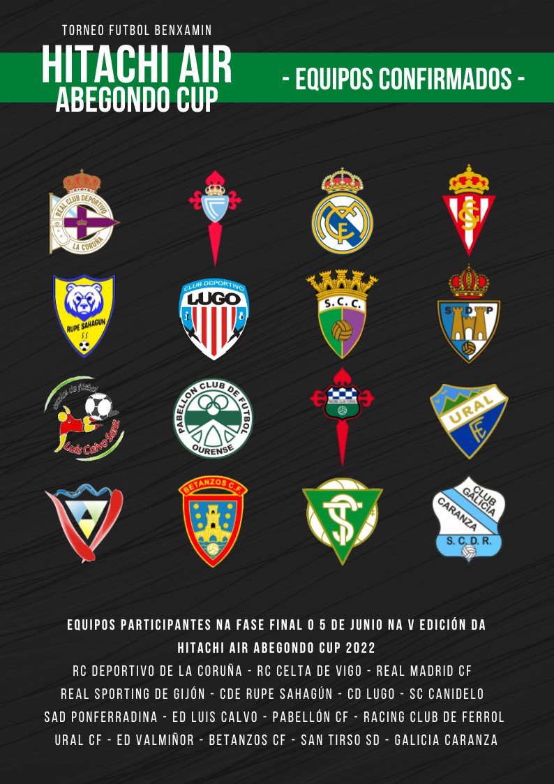 Santirsosd's tweet photo. 🔥 Aquí tedes os 16 equipos que estarán en O Monte o domingo 5 de xuño para xogar a #HITACHIAIRABEGONDOCUP2022 ‼️ https://t.co/Pp2Qvm1eiy