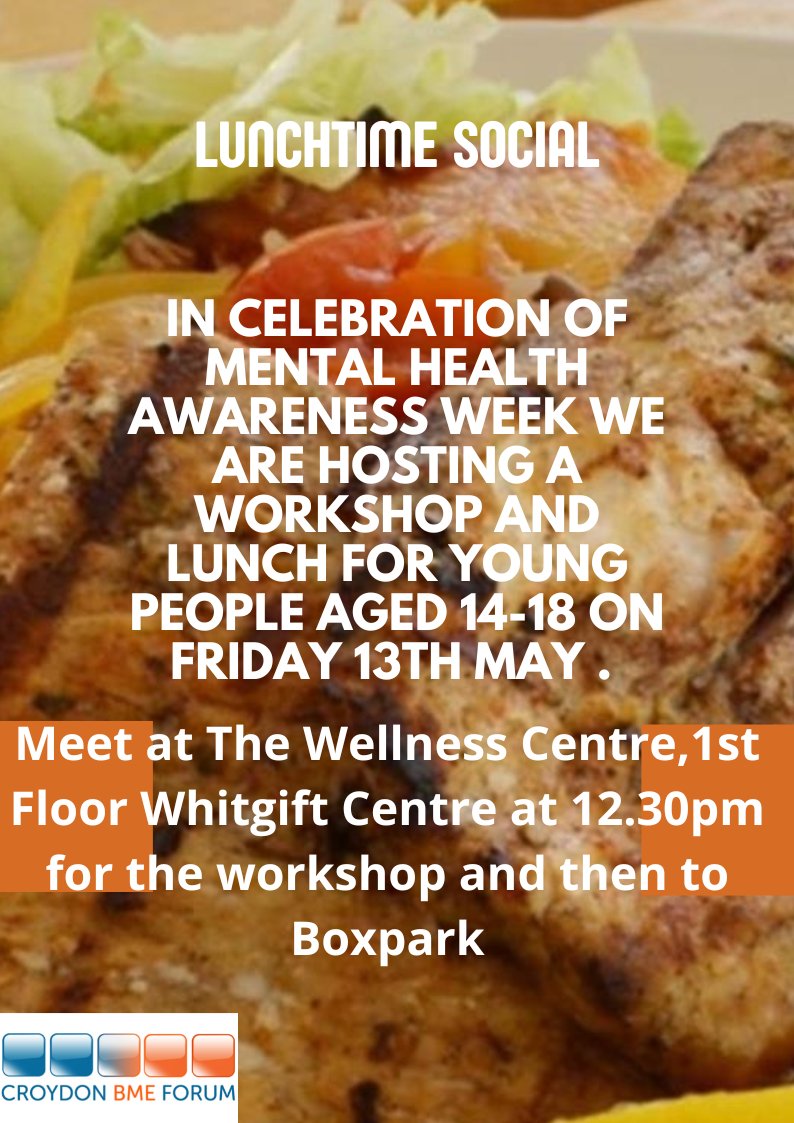 For Mental Health Week  we are hosting a workshop AND Lunch for young people aged 14-18 years. Come JOIN US!!

DATE: 13th of April
TIME: 12:30PM

#workshops #boxpark #croydon