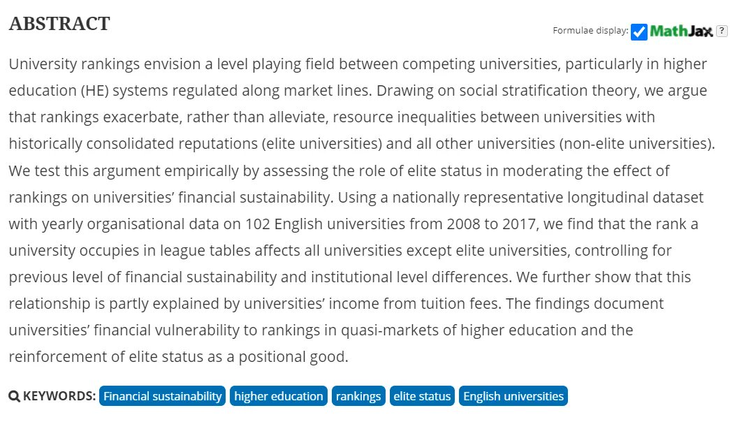 SocioWarwick's tweet photo. “Do rankings affect universities’ financial sustainability? Financial vulnerability to rankings &amp; elite status as a positional good” 
⚡️New article⚡️ from our @RBaltaru with @MirunaDIvan &amp; Radu-Dragomir Manac in Studies in Higher Education
#OpenAccess https://t.co/wUiRDp6i4P https://t.co/GcYXaPCEc3
