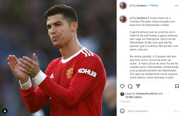 CristianoXtra_'s tweet photo. Cristiano Ronaldo's sister liked an Instagram post saying:

"Cristiano doesn't have to stay as a sign of his love for the club, the biggest proof of that is that he's back at United having had an offer from City with a much superior team and coach and in recent history. " https://t.co/K9lzUxOxxx