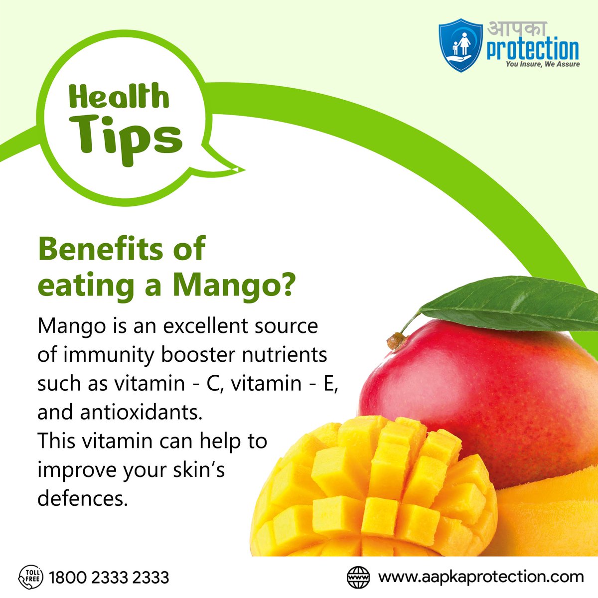 Mango…Wonderful taste! Amazing benefits!!

#MangoBenefits #benefitsofmango #improvesskin #skindefence #tipoftheday #insurancebrokers #insuranceagent #aapkaprotection #trothinsurancebrokerllp