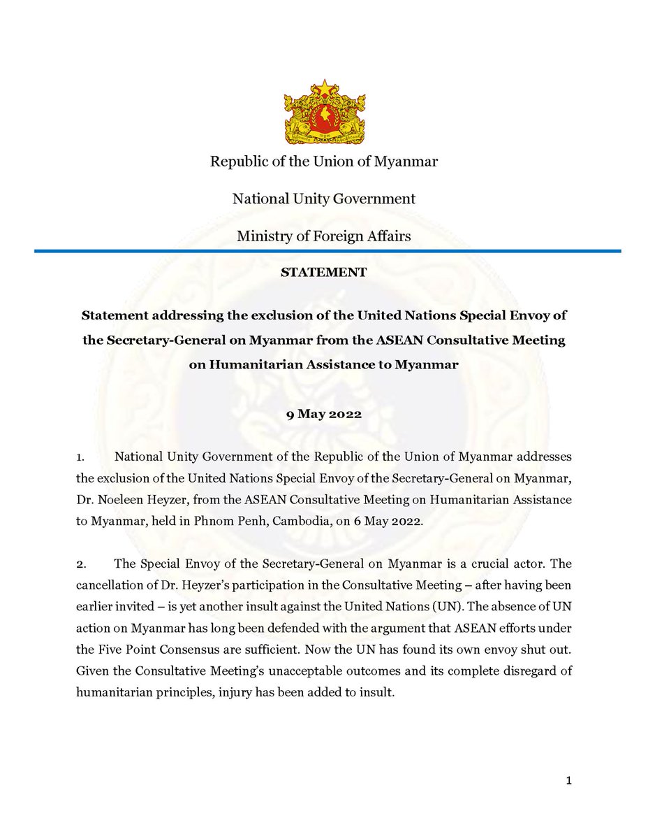 NUGMyanmar's tweet photo. Ministry of Foreign Affairs of #NUGMyanmar released a statement addressing the exclusion of the United Nations Special Envoy of the Secretary-General on Myanmar from the #ASEAN Consultative Meeting on Humanitarian Assistance to Myanmar
9 May 2022
Read full 👇 https://t.co/TBYWgGi5zF