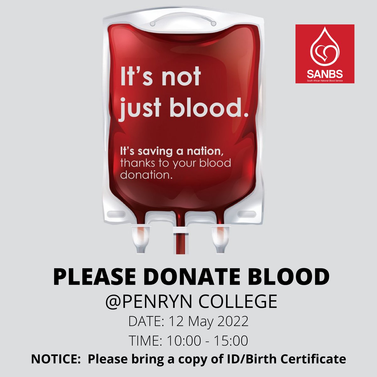 Please support the SANBS Blood Drive @ Penryn on the 12 May 2022 ❤️