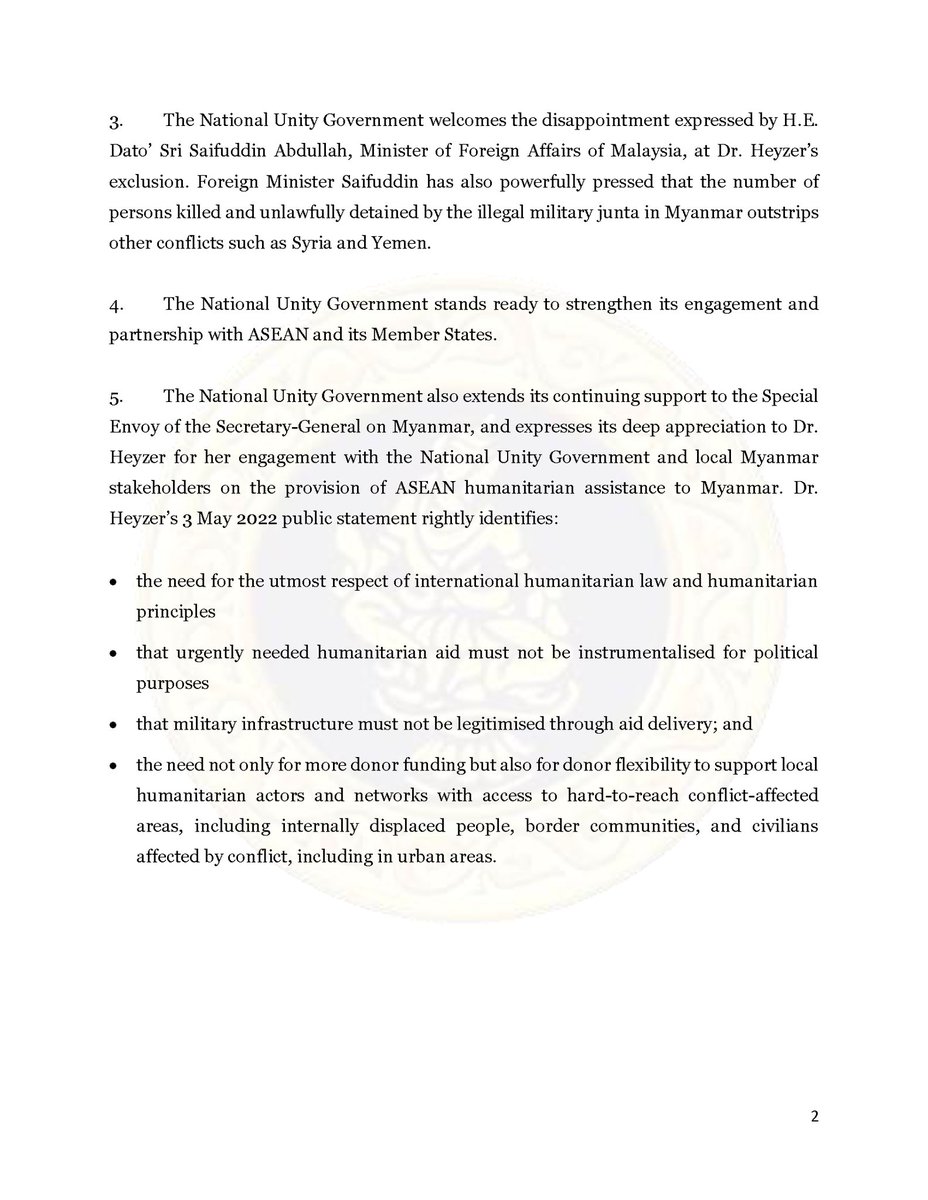 Ministry of Foreign Affairs of #NUGMyanmar released a statement addressing the exclusion of the United Nations Special Envoy of the Secretary-General on Myanmar from the #ASEAN Consultative Meeting on Humanitarian Assistance to Myanmar
9 May 2022
Read full 👇
