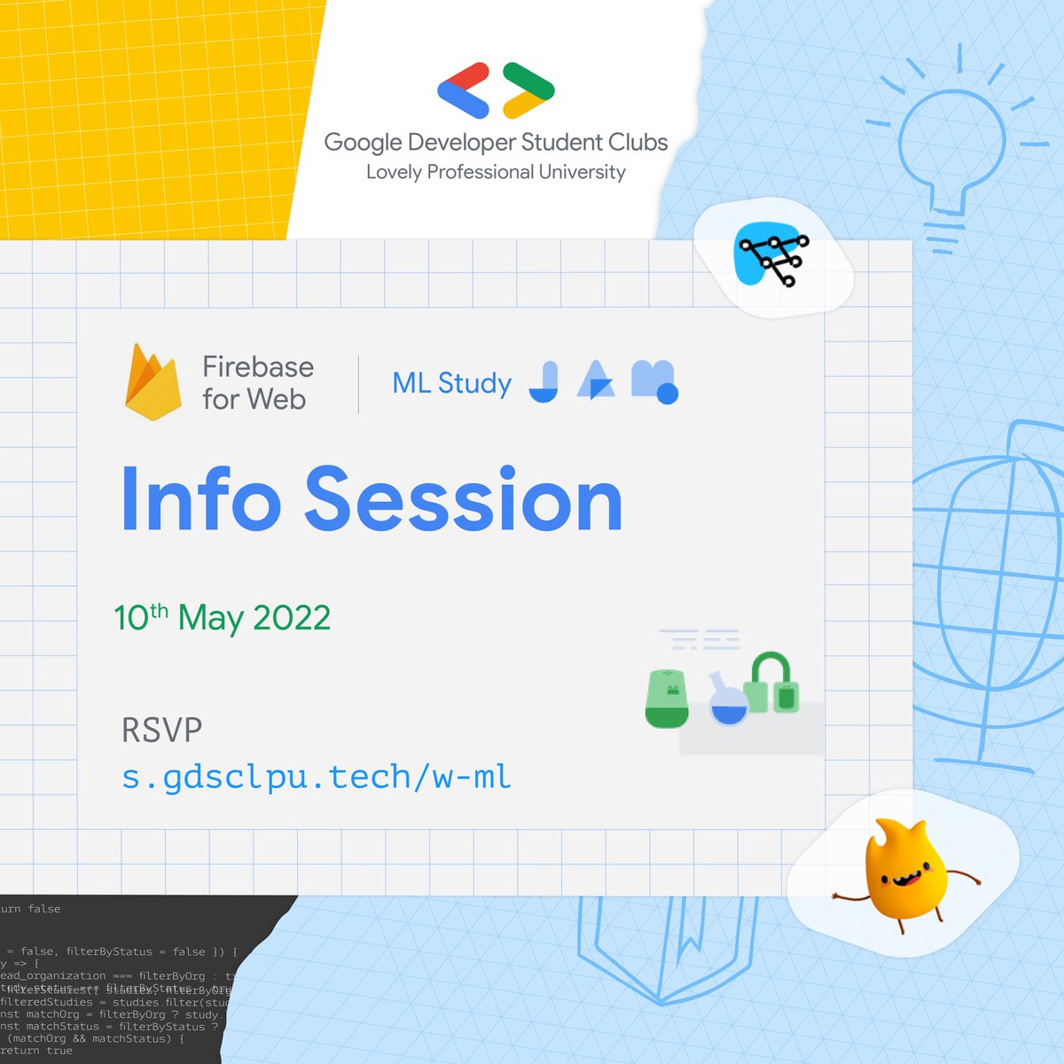 gdsclpu's tweet photo. @gdsclpu is hosting an Info Session on Firebase for Web &amp; ML Study Jams.

Register yourself now and delve into the world of Web &amp; ML.

What are you waiting for?
RSVP Now: https://t.co/MRjulCRufM 🔗
Date: 10th May 2022 🗓️

@googlestudents @GoogleDevsIN @googledevs https://t.co/Aa89xcF5V3