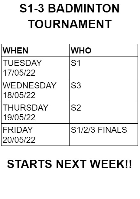 Thanks for all the signs ups for the S1-3 Badminton Tournament 🏸

STARTS NEXT WEEK!!