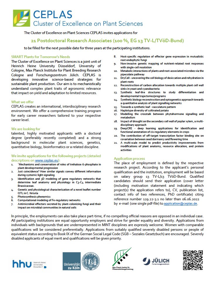 CEPLAS (@ceplas_1) on Twitter photo ‼️Please RT: the call for our new cohort of postdocs is out now! We have 21 exciting projects to fill <a href="/HHU_de/">Heinrich-Heine-Universität Düsseldorf</a>, <a href="/UniCologne/">Universität zu Köln</a>, <a href="/mpipz_cologne/">MPIPZ Cologne</a>, <a href="/IBG2Plant/">FZ Jülich-IBG2</a> ! 📅Deadline: June 6 2022! Find out more about the projects and the application here👉 bit.ly/388yJIZ #PlantSciJobs ‼️Please RT: the call for our new cohort of postdocs is out now! We have 21 exciting projects to fill <a href="/HHU_de/">Heinrich-Heine-Universität Düsseldorf</a>, <a href="/UniCologne/">Universität zu Köln</a>, <a href="/mpipz_cologne/">MPIPZ Cologne</a>, <a href="/IBG2Plant/">FZ Jülich-IBG2</a> ! 📅Deadline: June 6 2022! Find out more about the projects and the application here👉 bit.ly/388yJIZ #PlantSciJobs