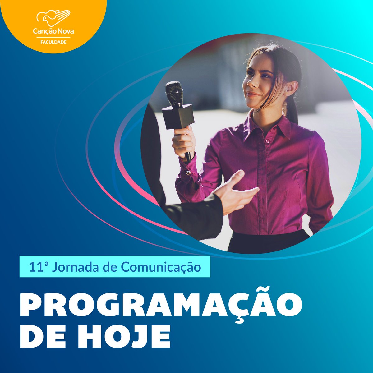 faculdadecn's tweet photo. Chegamos ao nosso último dia dessa
jornada!😭❤
Confira a programação.🤩

#últimoDia #alunosfcn #jornalismo #radiotv
#comunicaçãosocial #faculdadecn
#FaculdadeCançãoNova
#JornadaDaComunicação2022 https://t.co/0PPWSrdEG9