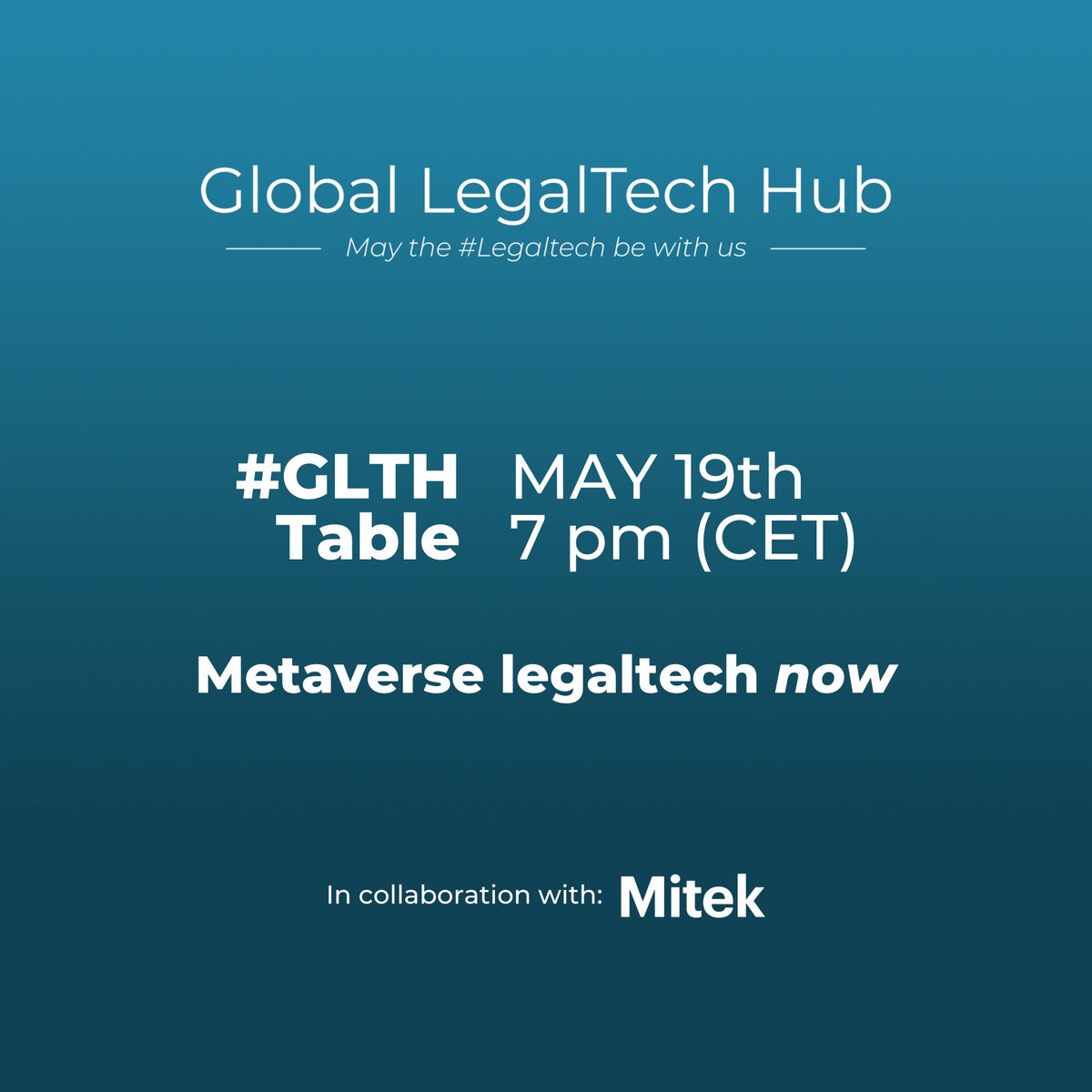 Glegaltechhub's tweet photo. #GLTHtable: Metaverse legaltech now
🗓 19.05.22
⏰ 7 pm (CET)
Haven't registered yet? 👉 https://t.co/E9oBYJ6Psw
#community #knowledge #GlobalLegaltechHub https://t.co/Y7oiVPz63Y