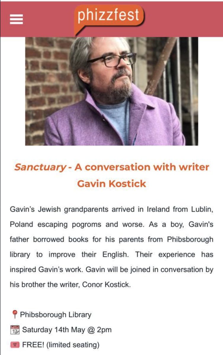 My grandparents left Poland before WW2 and were the first Jewish family to move to a corporation home in Cabra.
I'll be interviewing my brother Gavin about their story, his playwriting, and more as part of #phizzfest Saturday 2pm Phibs Library.
Free
<a href="/dubcilib/">Dublin City Libraries</a> <a href="/Fishamble/">Fishamble: The New Play Company</a>