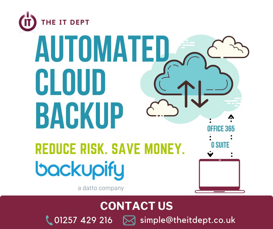 How vulnerable is cloud-based application data? An astonishing 1 in 3 companies report losing data stored in cloud-based applications. Gone. Lost. Forever

As official partners of Datto, The IT Dept can ensure you have complete peace of mind by utilising Datto backupify.