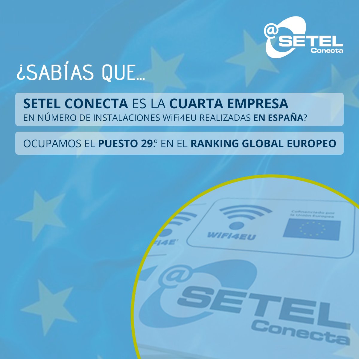 SetelConecta's tweet photo. 🇪🇺 ¡Feliz #DíaDeEuropa! 
 
¿Sabías que #SetelConecta es uno de los principales instaladores #WiFi4EU? 🌐Esta iniciativa europea promueve el libre acceso a la conectividad wifi en espacios públicos como parques o plazas de municipios de toda #Europa. 
 
@DigitalEU @connectivityEU https://t.co/Uz5W9UNyxY