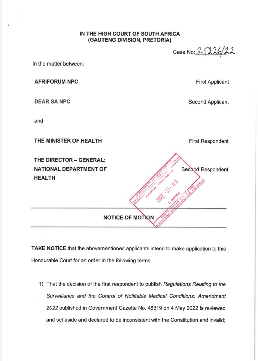 monique_taute's tweet photo. BREAKING NEWS: #AfriForum just filed our urgent legal application in the Northern Gauteng High Court in Pretoria against @GovernmentZA's decision to permanently enshrine #COVID19 regulations in law. @afriforum #HealthRegulations @COVID_19_ZA https://t.co/MQYt9guH1y