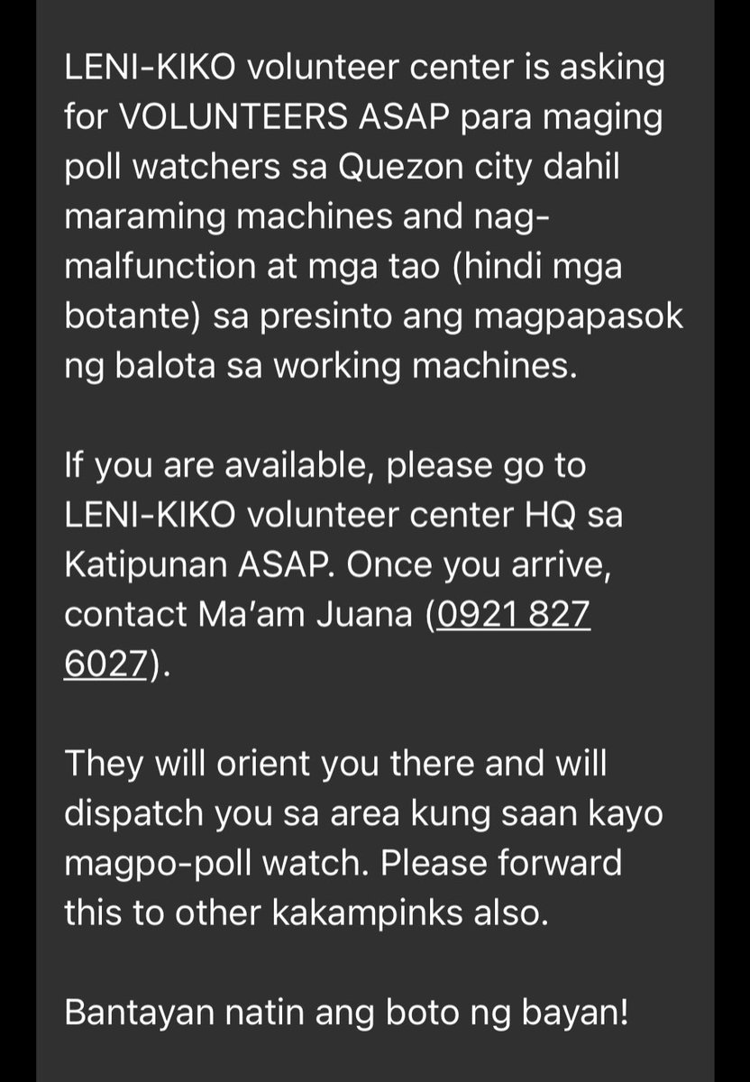 LF: POLL WATCHERS IN QUEZON CITY

Sharing from one of my groupchats. 

Leni-Kiko volunteer center is in need of volunteers ASAP. Kung available kayo just go to the Katip HQ and reach out to the contact person below.

Patulong na lang mag RT, salamat!
#VotePH #Halalan2022 💗🌾
