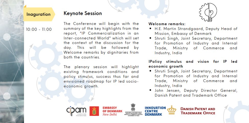 CIPAM_India's tweet photo. The one day conference on "IP Commercialisation in an
Inter-connected World" will begin tomorrow !!

This international conference will bring together stakeholders from across the ecosystem to learn, discuss &amp; explore ways to strengthen #IP Commercialisation
 
#IndoDenmark https://t.co/M5BasUdYCw