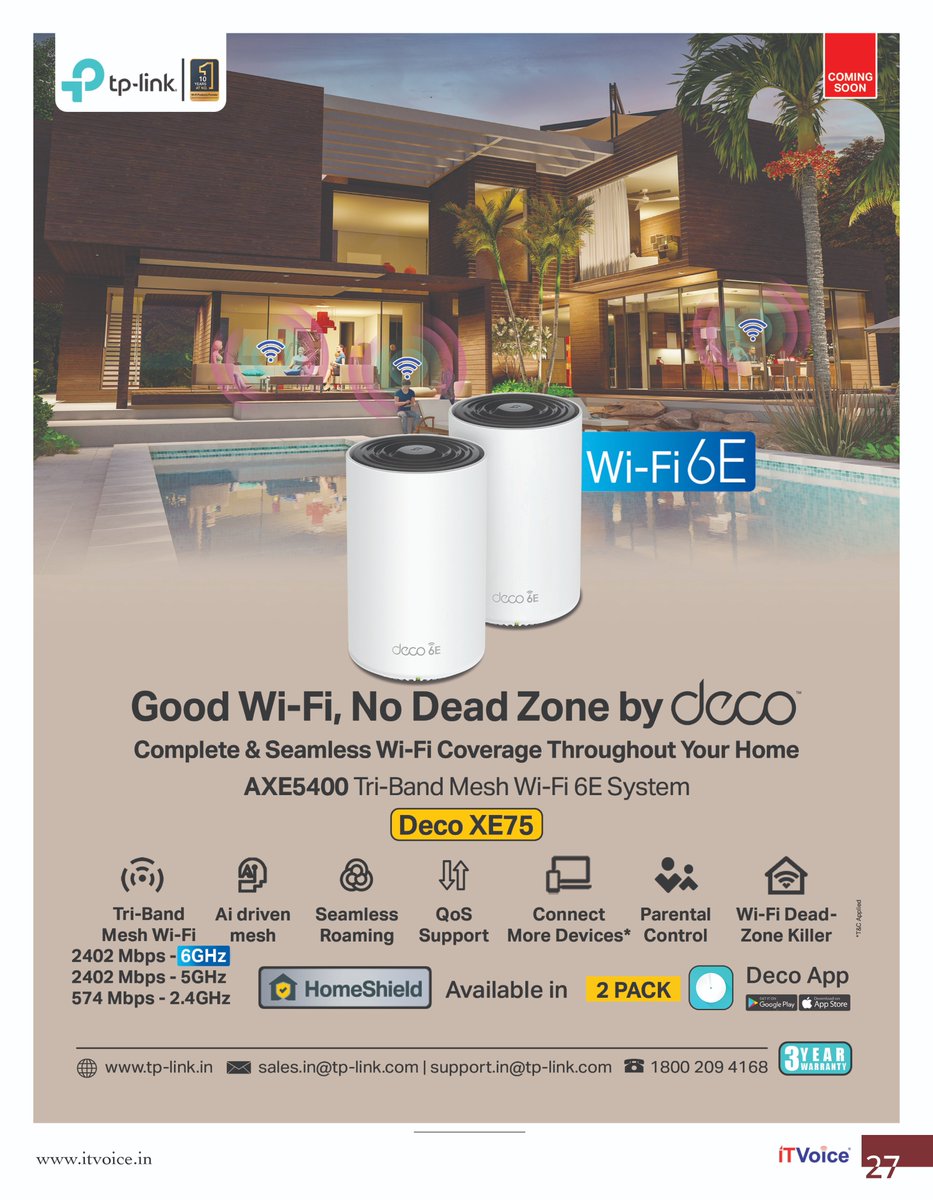 itvoice's tweet photo. Good WI-Fi , NO Dead Zone By Deco
Complete &amp; Seamless Wi-Fi Coverage Throughout Your Home
AXE5400 Tri-BAnd Mesh Wi-Fi 6E System
https://t.co/SekGILdiPF
TP-Link https://t.co/voESCZfN4N