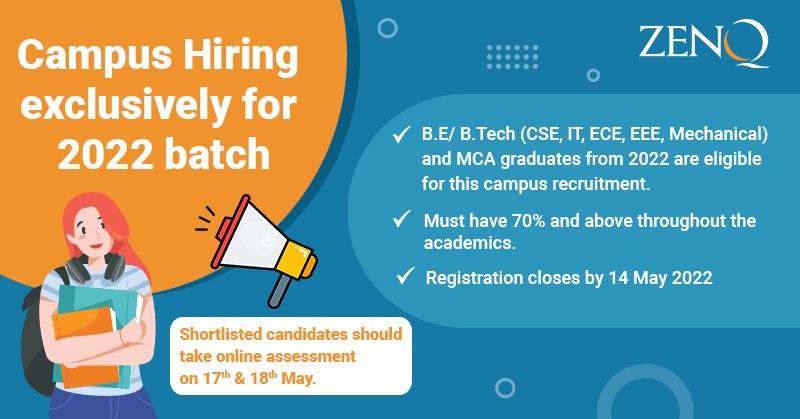ZenQInc's tweet photo. Craft a career that will help you make an impact and not just get a job. Engineering and MCA graduates from 2022, we are hiring and if you wish to be a software testing professional then this is for you. 

Apply through our website: https://t.co/BoxhkJO1KQ

Deadline: May 14, 2022 https://t.co/jZH0pgmrs3