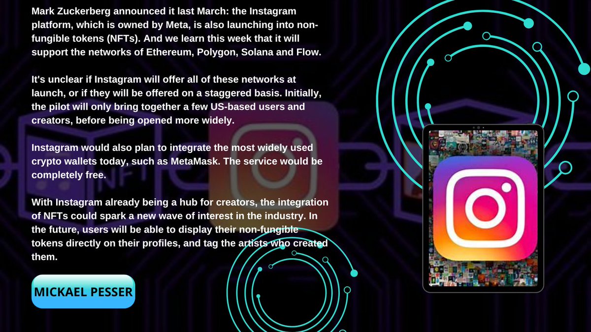 MickaelPesser's tweet photo. NFT news 👇

After the announcement of the arrival of non-fungible tokens (NFTs) on @instagram , Meta will support NFTs from @ethereum , @solana , @Polygon  and Flow.

#NFTCommunity #socialmedia #instagram #NFT #Crypto https://t.co/R5IVFeuoVF