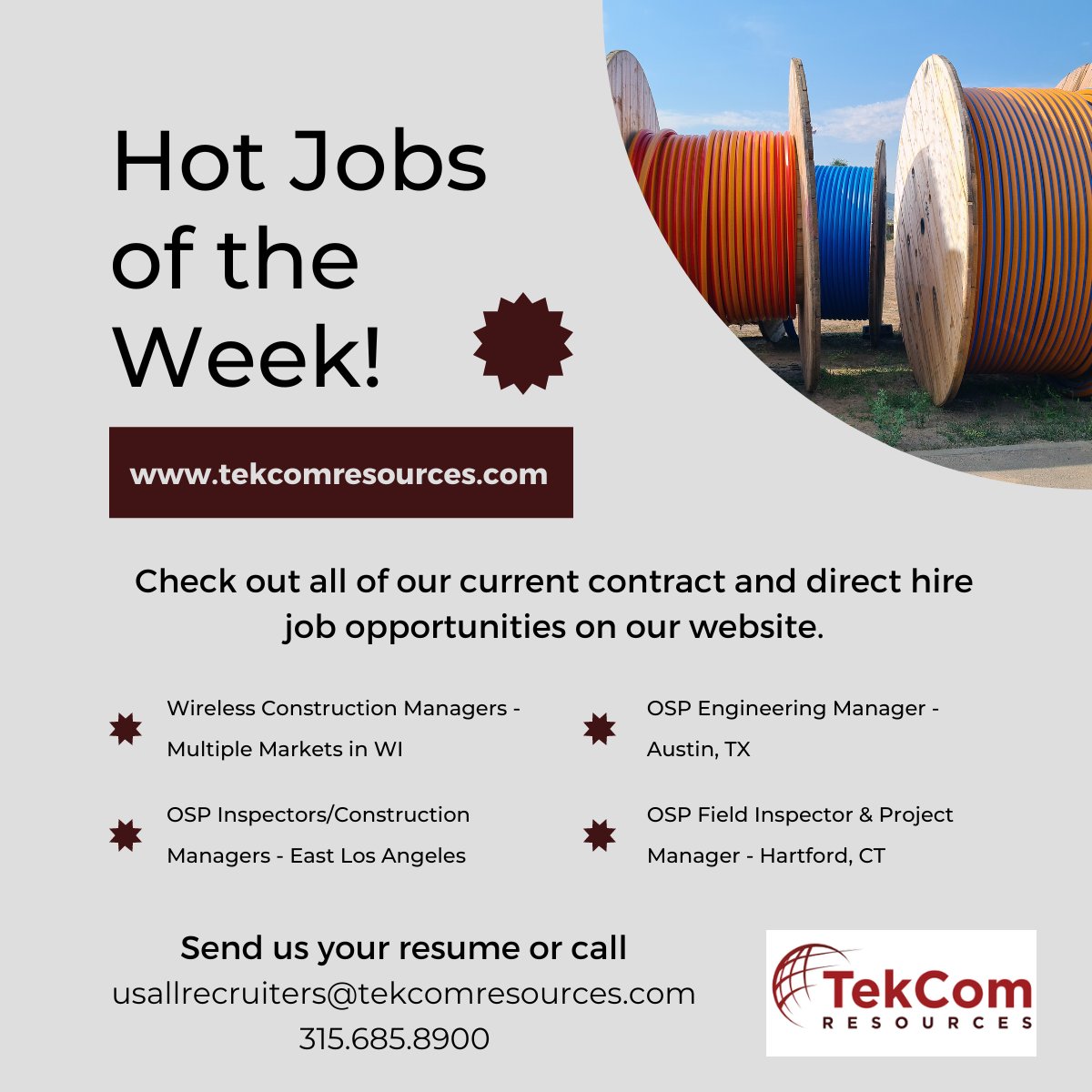 Looking for your next job opportunity? Here’s our Hot Jobs of the Week!

Call or send your resume today! You can find more information about these jobs and more at tekcomresources.catsone.com/careers. 

#tekcomjobs #wirelessconstruction #wisconsinjobs #fulltimejobs #contracttohirejobs