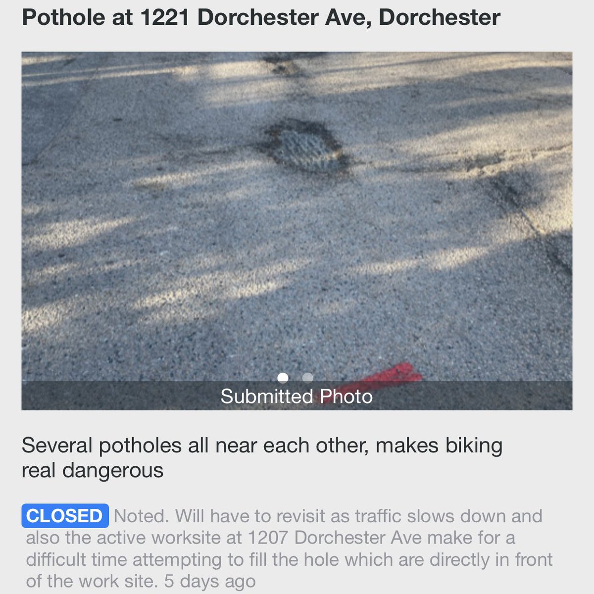 JordanDeasy's tweet photo. One of my fave things about using @BOS311 is seeing city departments create new policies on the spot to avoid doing their job. @BostonPWD pointing to traffic and construction as reasons potholes can’t be filled is just… https://t.co/sy5Y6L5loU