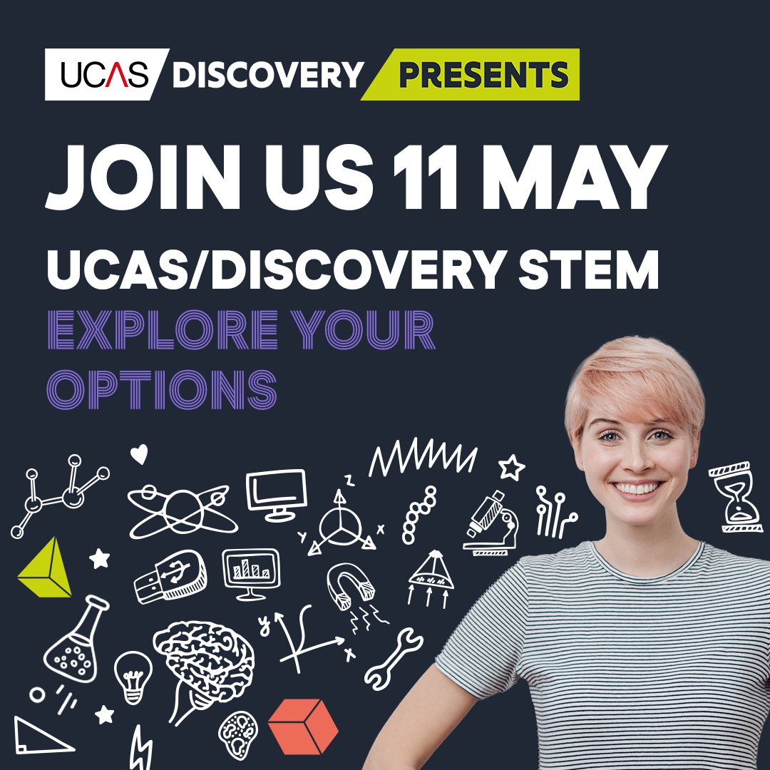 ucas_online's tweet photo. Don’t miss our day dedicated to all things science, engineering, technology or maths! 🔬 💻 📏 

Join UCAS/Discovery STEM live 10:00-18:00 Wednesday 11 May 🤩

https://t.co/NiFEo5ZpZ8 https://t.co/Pg0DexZPrG