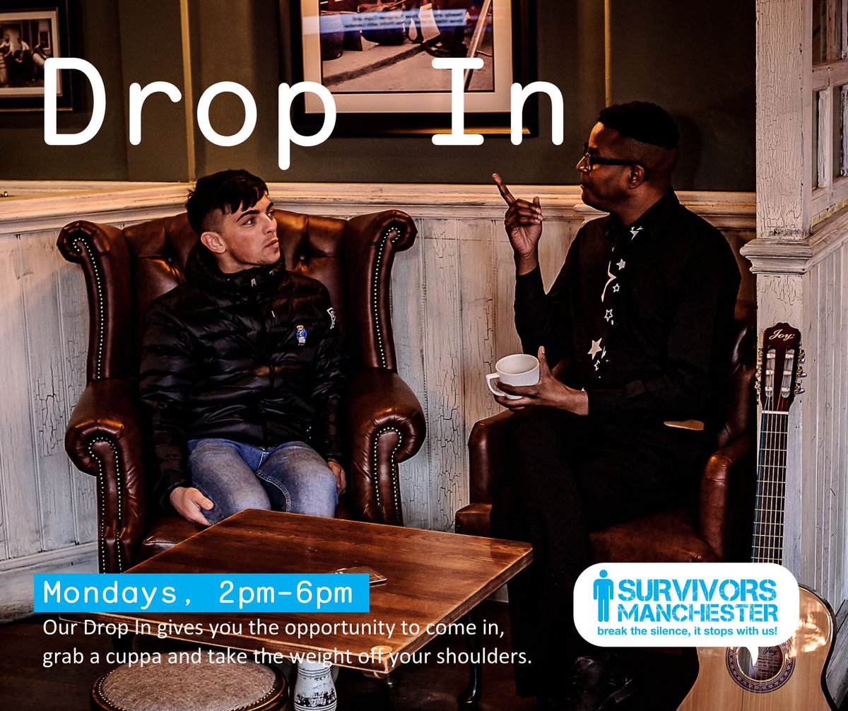 ThisIsSurvivors's tweet photo. It's Monday and that can only mean one thing... #DropIn! Our Drop In is open to all male survivors in Greater Manchester who want to see what's on offer, connect with other survivors and just 'be'. #FacingForward2030 https://t.co/yrqBioCHPh