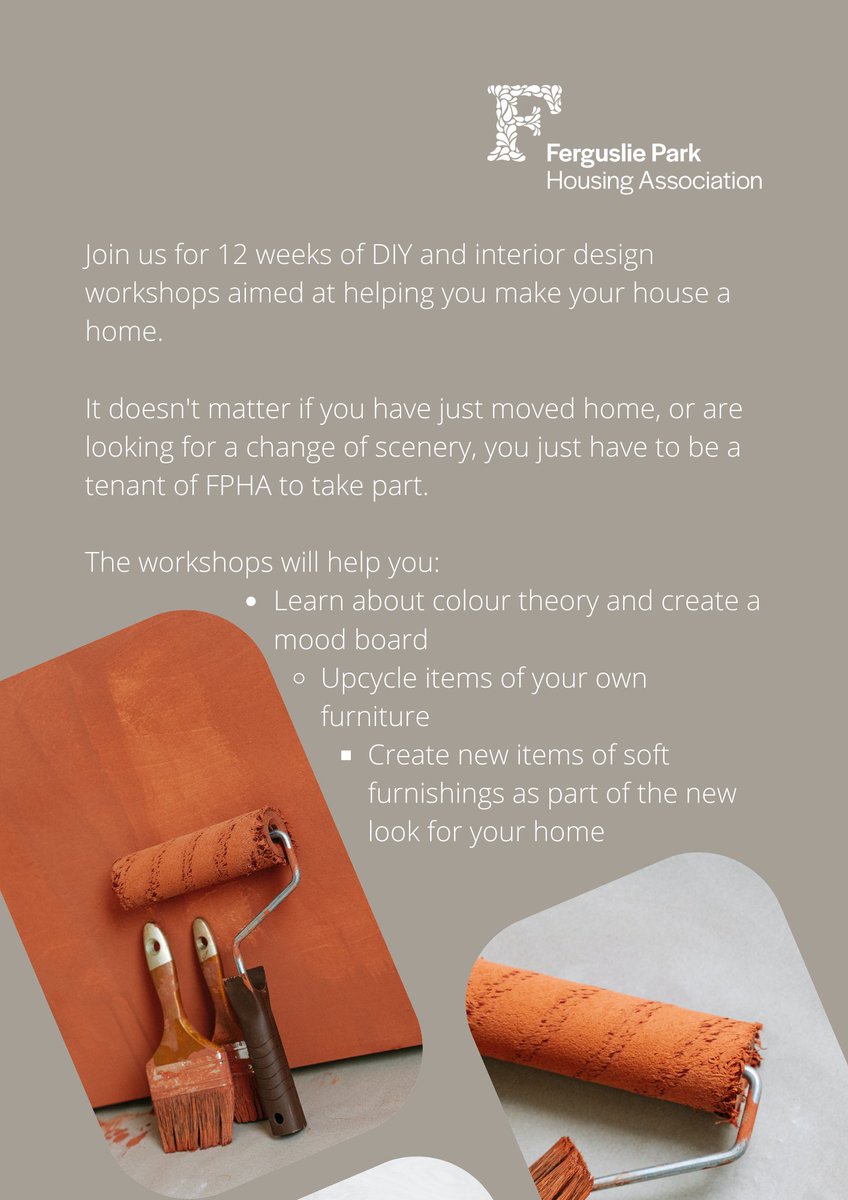 TannahillCentre's tweet image. Learn all the trade secrets of interior design whilst redecorating and creating new items for your home with these workshops run by #FPHA for their tenants.  Contact Vikki or Katy from the housing association, or our very own Bobbie for more information!