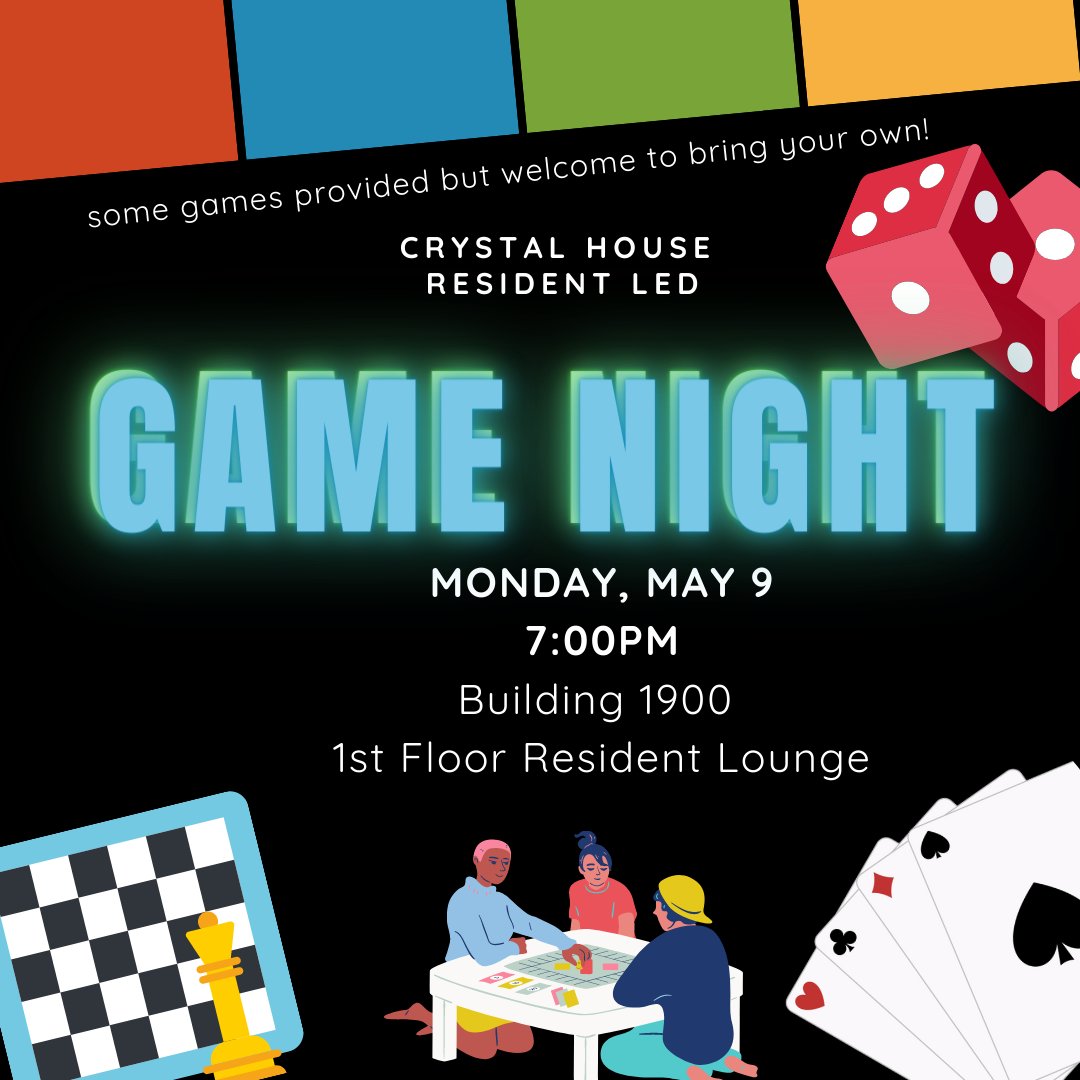 Join us on TONIGHT, May 9th for GAME NIGHT! Bring board games, card games, or any other games to enjoy with your friends and neighbors! We will have some provided as well for folks to share! Light Refreshments provided! 

#GameNight #Community #CrystalHouseVA #NationalLanding