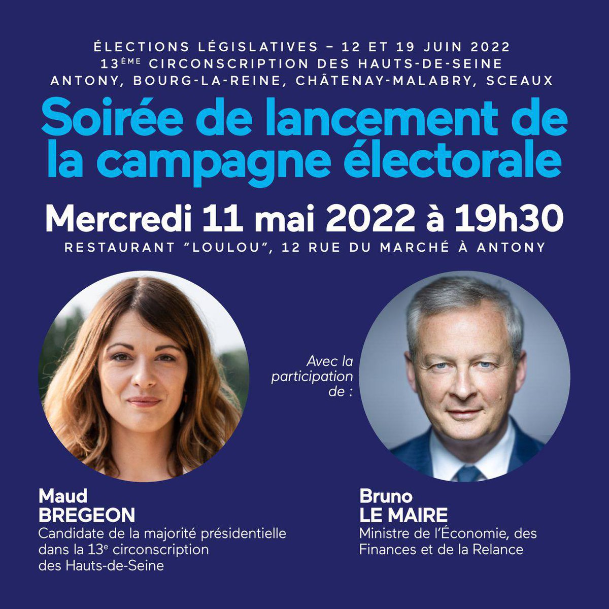 HorizonsAntony's tweet photo. Lancement de la campagne des législatives dans la 13e circonscription du 92 mercredi 11 mai à 19h30 @HorizonsAntony @MaudBregeon @FabriceRousse10 @HorizonsLeParti #EnsembleMajoritePresidentielle https://t.co/ebW5MbFZme